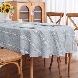 Boho Striped Linen Chic Blue Ovak Tablecloth for Dining Table Size 53x70